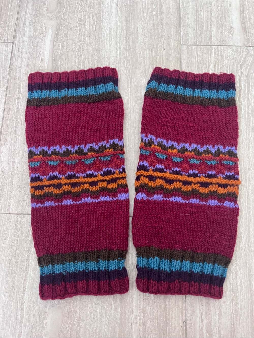 Women's Burgundy Knit Leg Warmers with Colorful Pattern handmade Norway